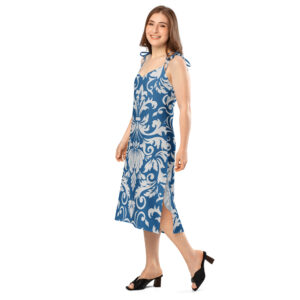 blue midi dress, chiffon tie strap dress, floral motif dress, v-neck midi dress, summer midi dress, relaxed fit dress, built-in bra dress, elegant casual dress, boho midi dress women, adjustable strap dress